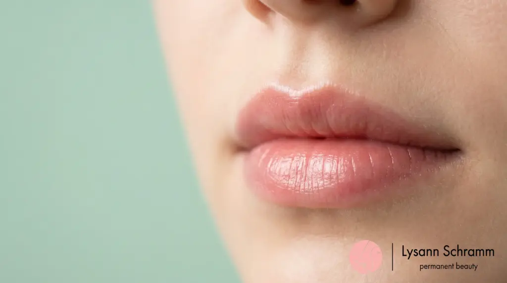 Nahaufnahme sanft getönter Lippen mit weichem, natürlichem Farbverlauf – zeigt das natürliche Endergebnis von Aquarell Lips.