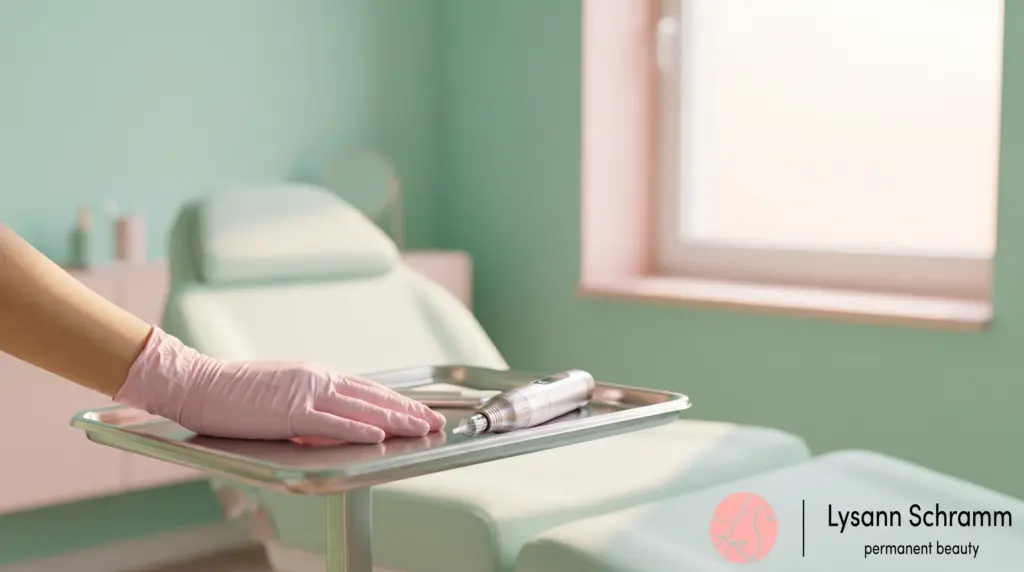 Ruhiger, steriler Behandlungsplatz in einem Permanent-Make-up-Studio am frühen Morgen – vermittelt professionelle Sorgfalt und Sicherheit vor einer Aquarell-Lippenbehandlung.