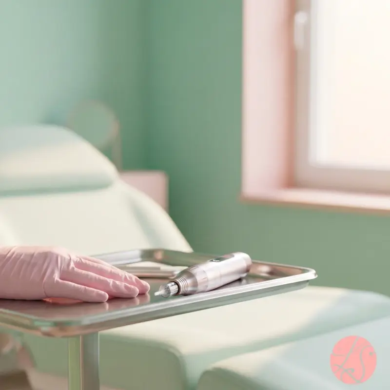 Ruhiger, steriler Behandlungsplatz in einem Permanent-Make-up-Studio am frühen Morgen – vermittelt professionelle Sorgfalt und Sicherheit vor einer Aquarell-Lippenbehandlung.
