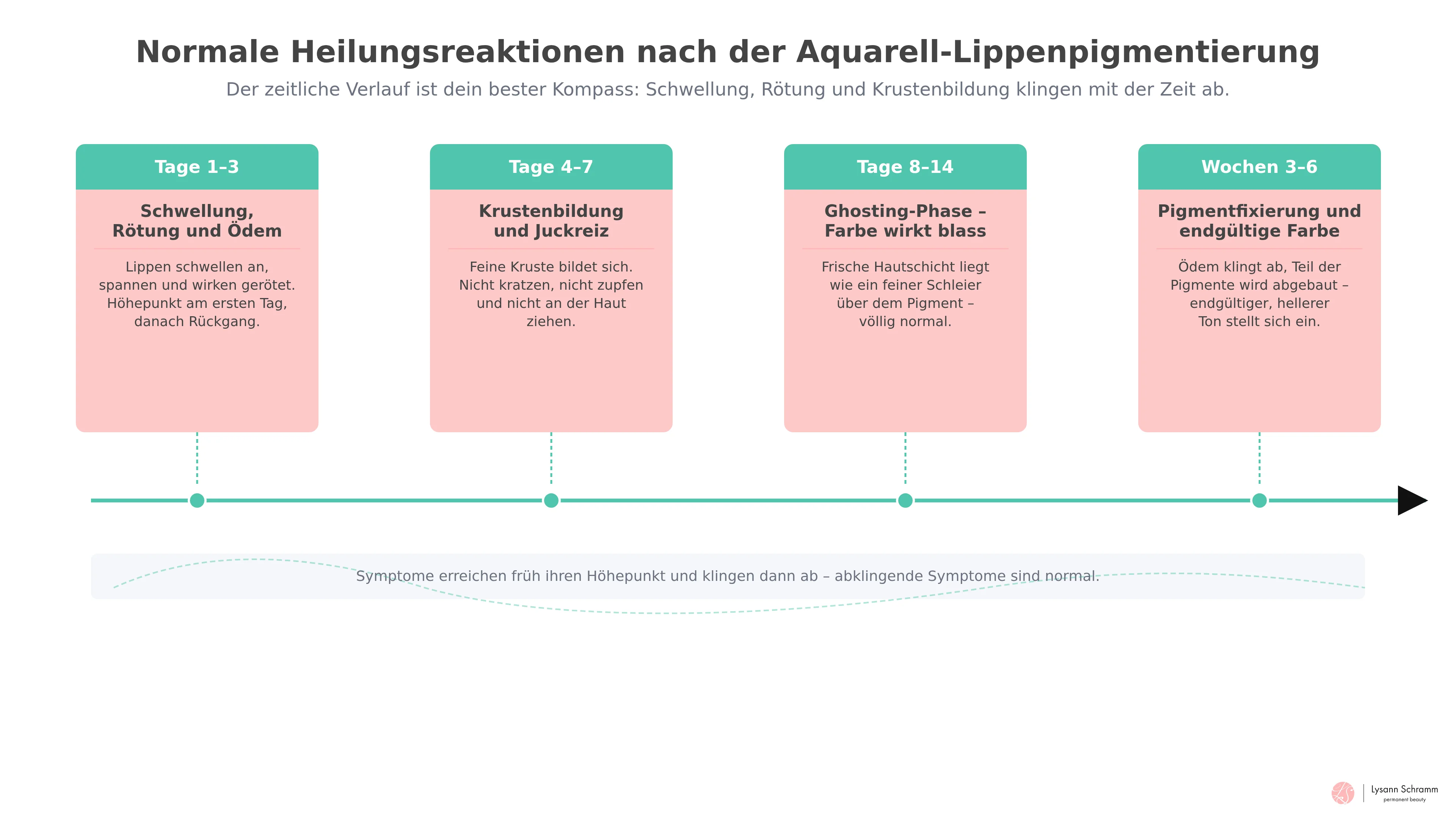 Zeitleiste der normalen Heilungsphasen nach einer Aquarell-Lippenpigmentierung von Tag 1 bis Woche 6 mit den erwartbaren Reaktionen je Phase.