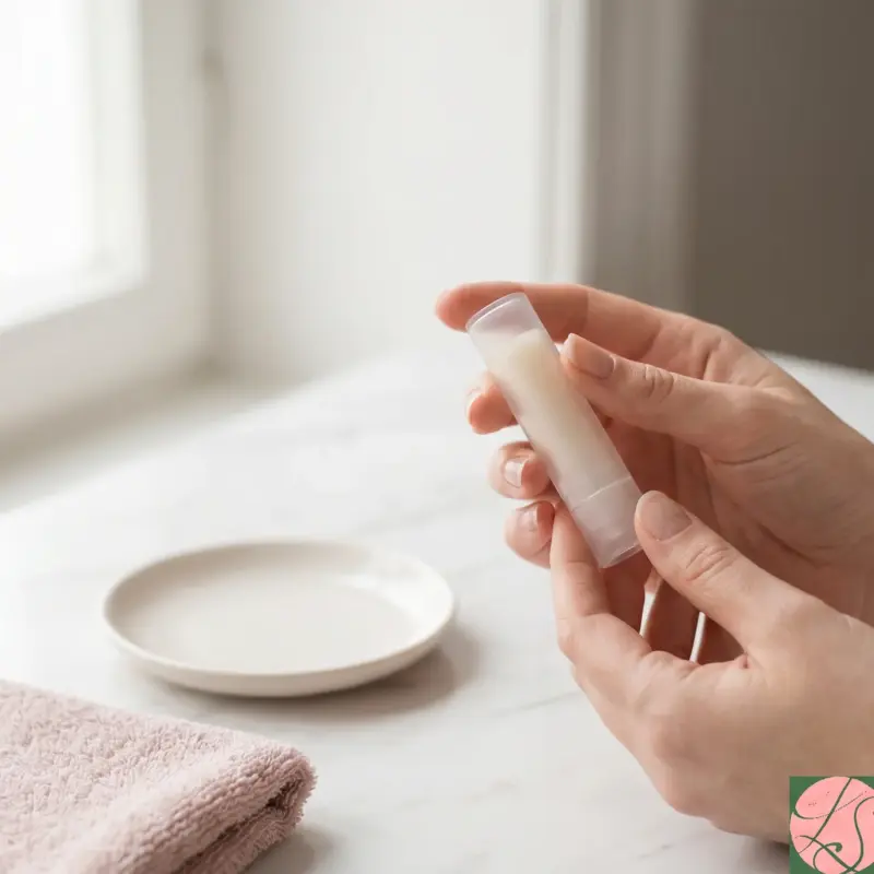 Hände halten einen schlichten Lippenpflege-Tiegel an einem hellen Schminktisch – Sinnbild für die sorgfältige Vorbereitung auf die Aquarell-Lippenpigmentierung.