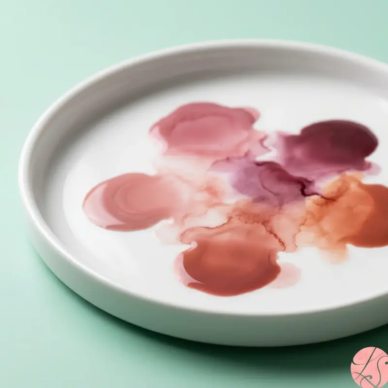 Editorielles Stillleben aus transparenten Lippenpigmenten in Rosé-, Beeren- und Terrakottatönen auf einer Palette, das die Aquarell-Technik und die Farbreise der Behandlung symbolisiert.