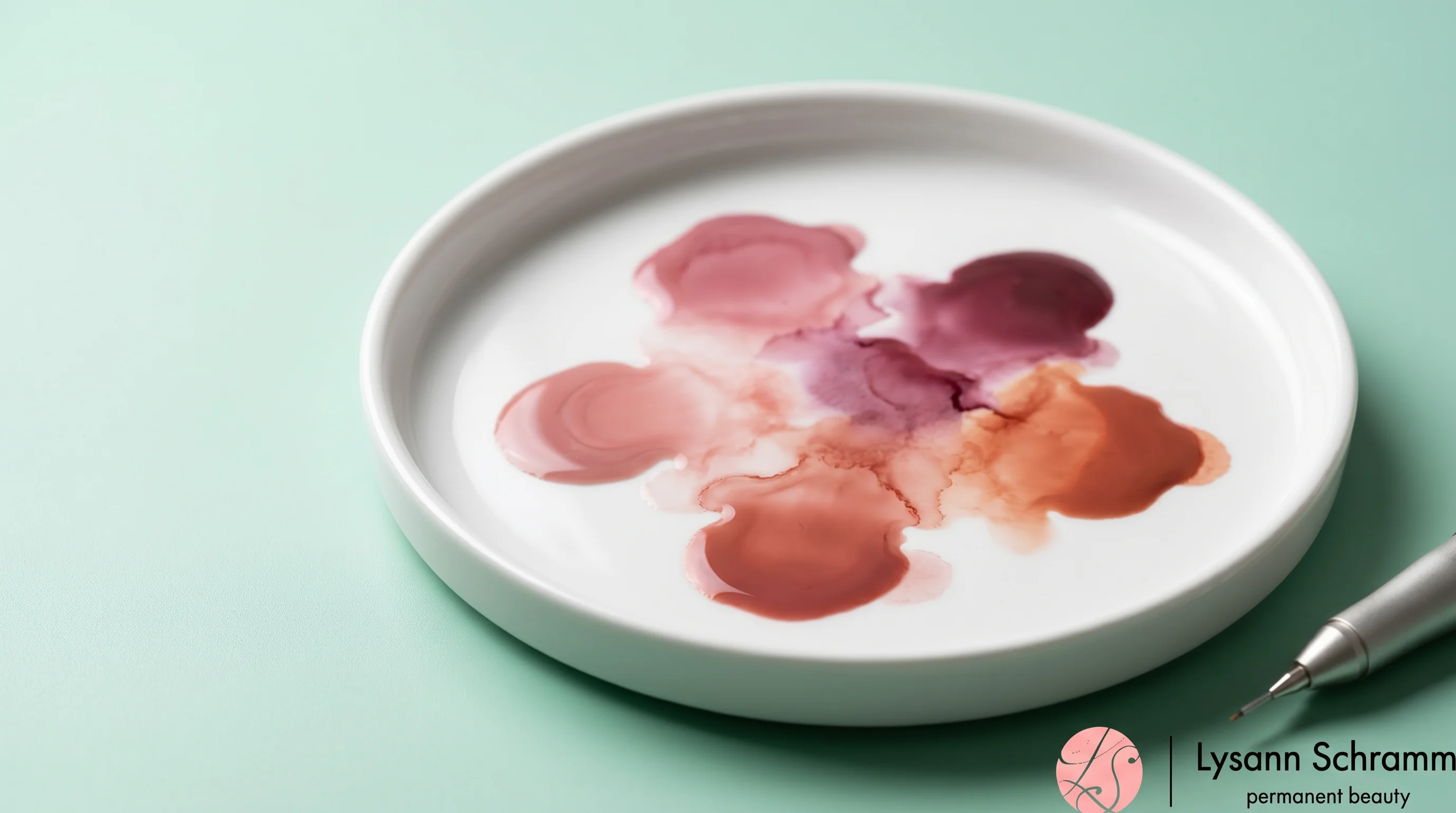 Editorielles Stillleben aus transparenten Lippenpigmenten in Rosé-, Beeren- und Terrakottatönen auf einer Palette, das die Aquarell-Technik und die Farbreise der Behandlung symbolisiert.