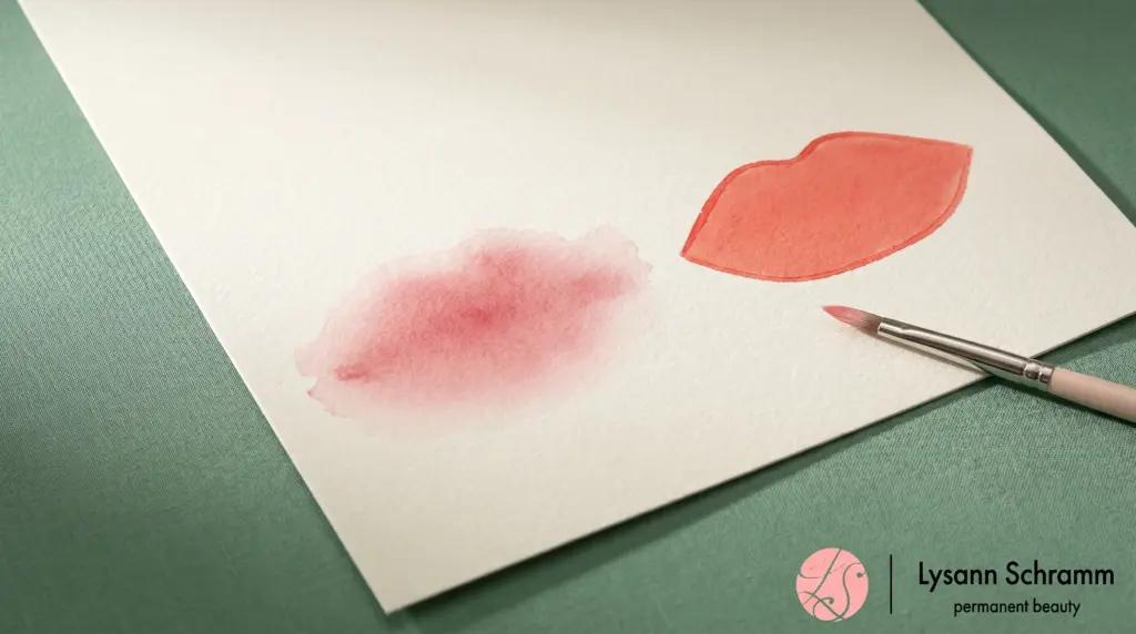 Zwei handgemalte Lippenfarb-Swatches auf Aquarellpapier – ein weicher verlaufender und ein klar umrandeter – als Sinnbild für den Unterschied zwischen Aquarell- und Brillant-Lippenpigmentierung.