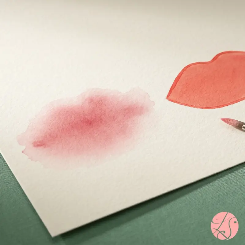 Zwei handgemalte Lippenfarb-Swatches auf Aquarellpapier – ein weicher verlaufender und ein klar umrandeter – als Sinnbild für den Unterschied zwischen Aquarell- und Brillant-Lippenpigmentierung.