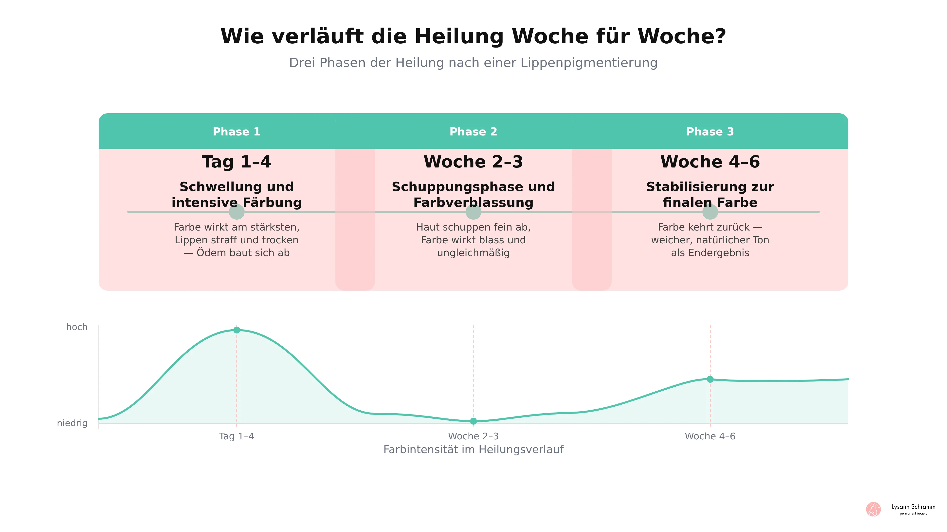 Zeitleiste der drei Heilungsphasen einer Lippenpigmentierung über sechs Wochen, von Schwellung über Schuppung bis zur finalen Farbe.