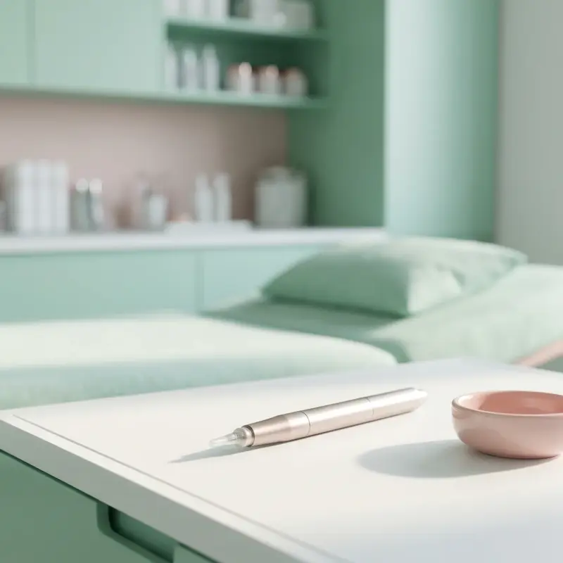 Ruhige, elegante Behandlungsstation eines Permanent-Make-up-Studios in Minttönen – vermittelt die sorgfältige, natürliche Welt der Aquarell-Lippenpigmentierung.