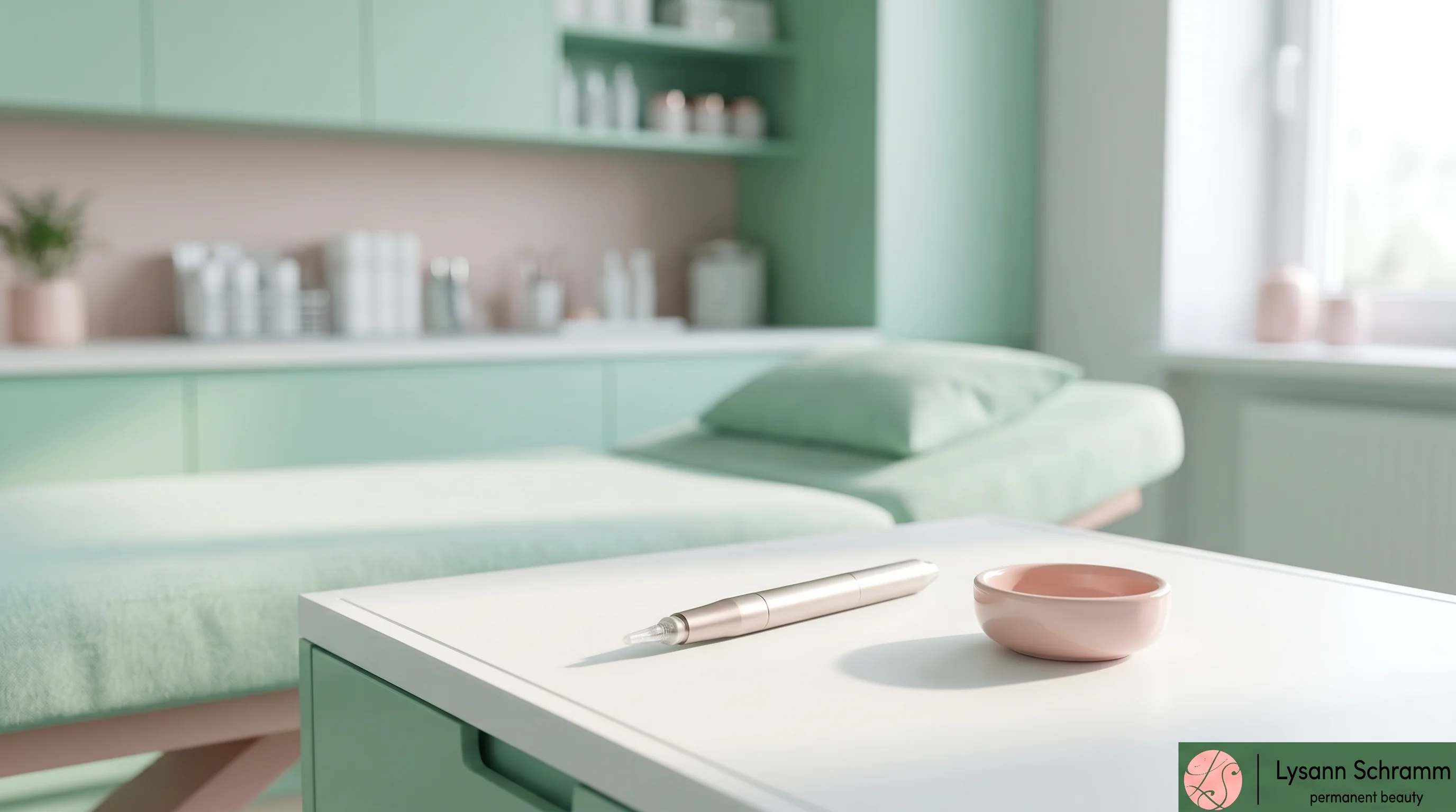 Ruhige, elegante Behandlungsstation eines Permanent-Make-up-Studios in Minttönen – vermittelt die sorgfältige, natürliche Welt der Aquarell-Lippenpigmentierung.